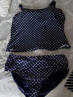 Lands' End Navy and White Polka Dot Tankini Set